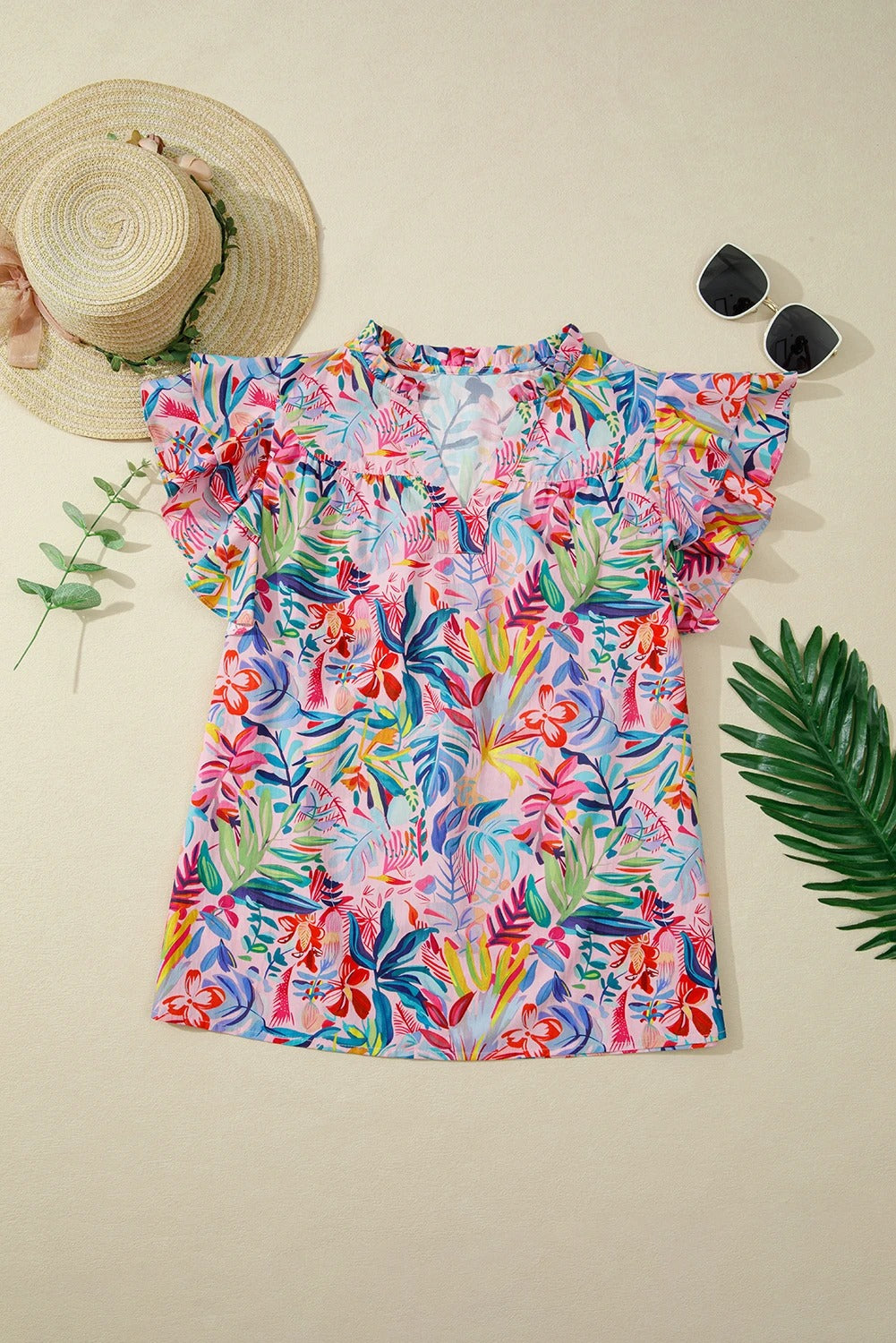 Womens Chiffon Blouse With Ruffled Sleeves And A Printed Design