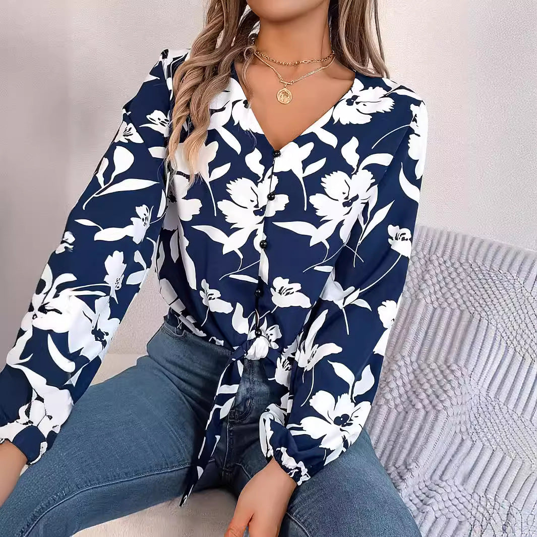 Floral Lantern-sleeve Lace-up Chiffon Blouse Top