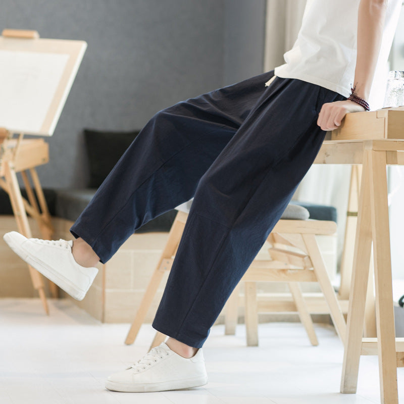 Mens Cotton-linen Relaxed-fit Straight-leg Casual Pants