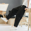 Mens Cotton-linen Relaxed-fit Straight-leg Casual Pants