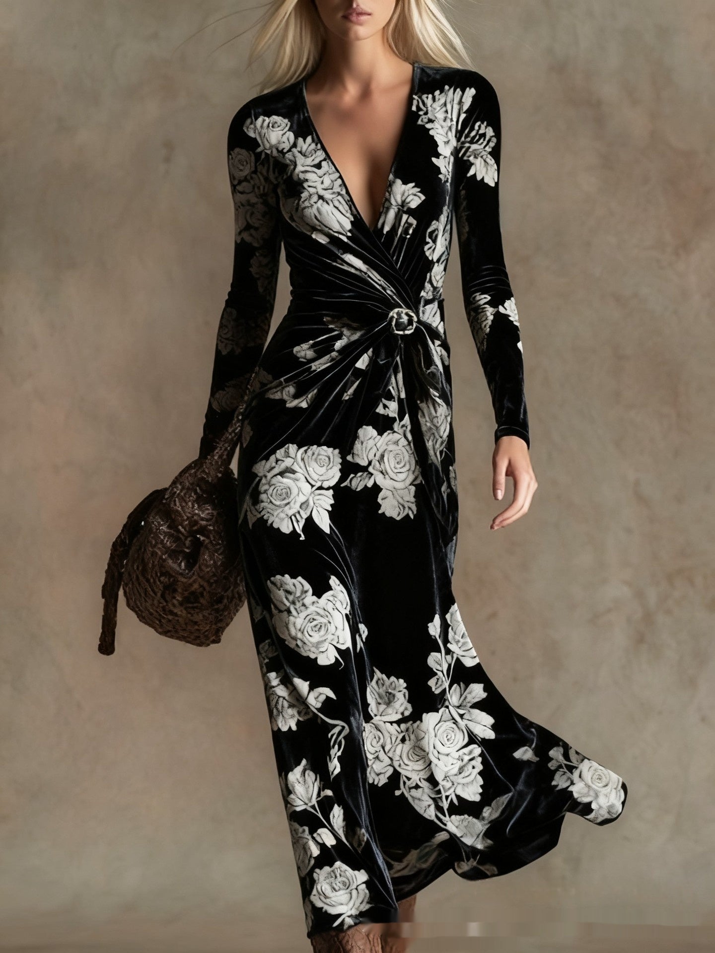 3D Geometric Line Pattern V-Neck Long-Sleeve Womens Dress