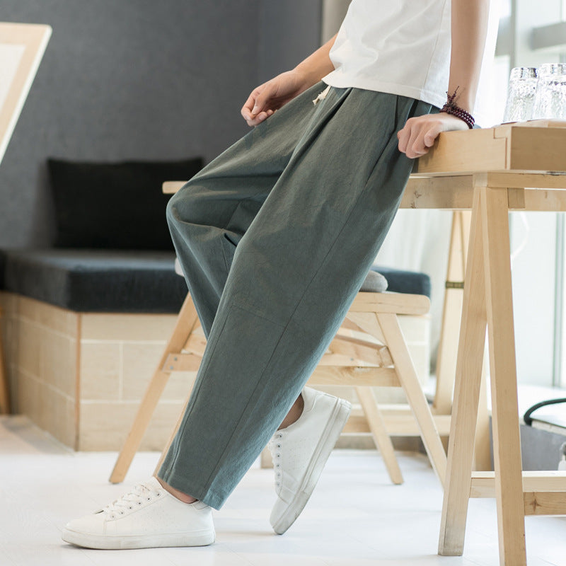 Mens Cotton-linen Relaxed-fit Straight-leg Casual Pants